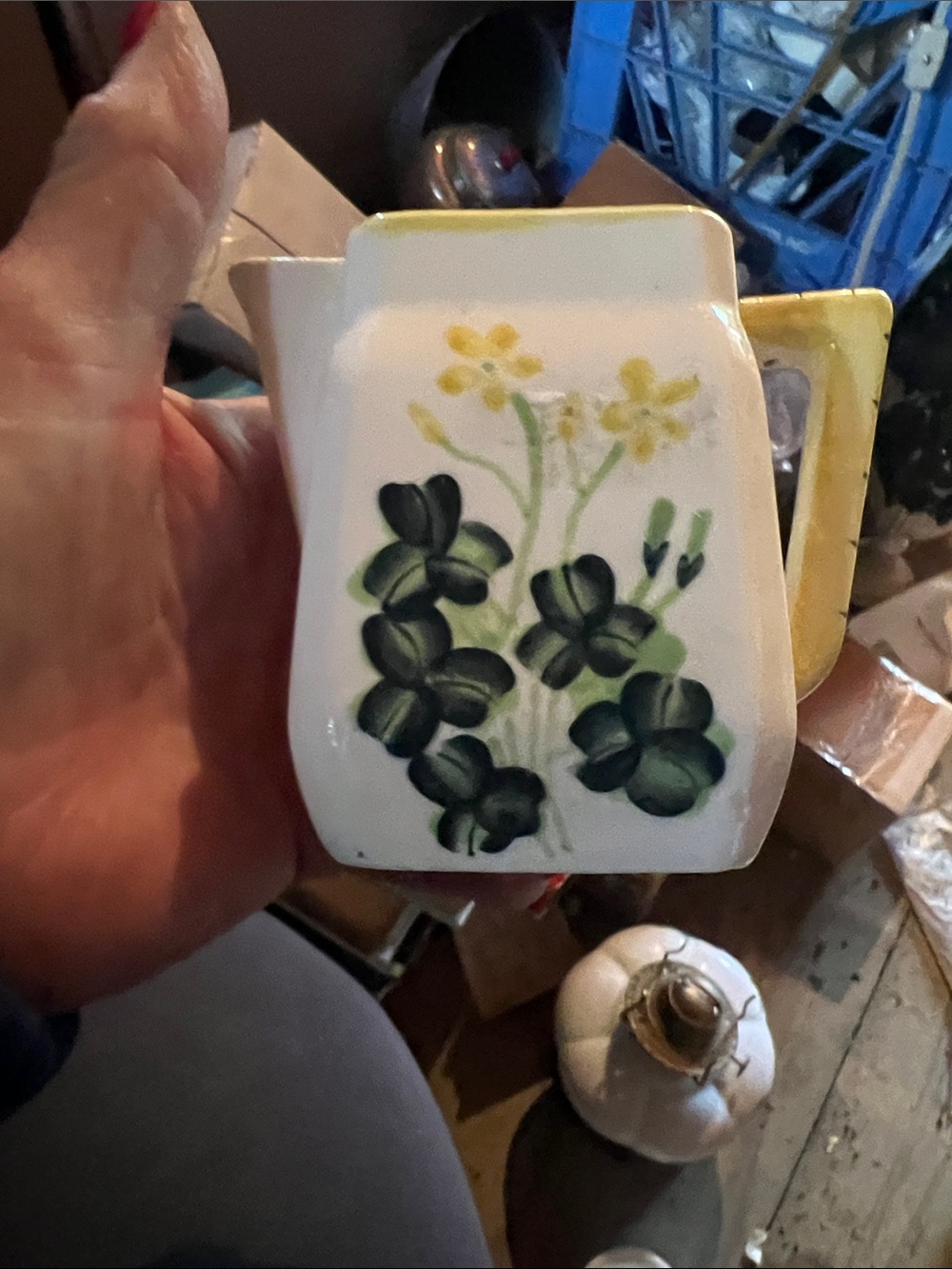 Vintage Hand-Painted Floral Ceramic Creamer Pitcher - Green & Yellow